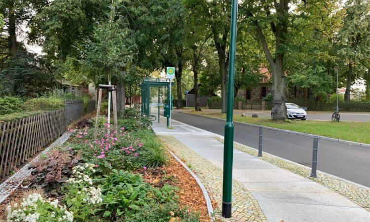 Leere grune Bushaltestelle am Weg neben buntem Beet und hohen Baumen